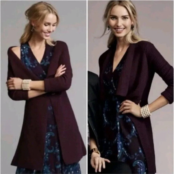 Cabi sz L 3350 Regal Cardigan Mulberry Wine Gold Tone Buttons Long Line Duster - Picture 2 of 13